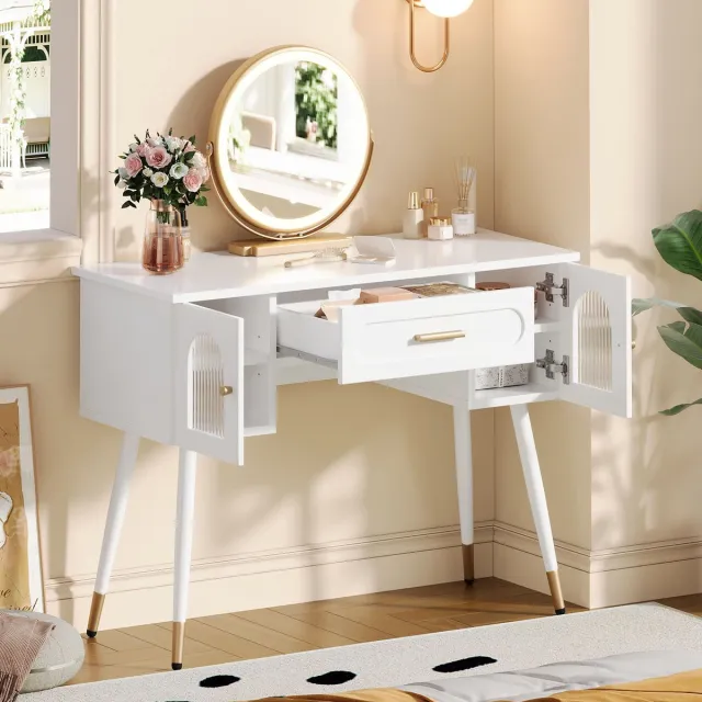 Zubaliya Kaptafel met LED-spiegel, lade en 2 kastdeuren - wit en goudkleurig - 100 x 42 x 112 cm