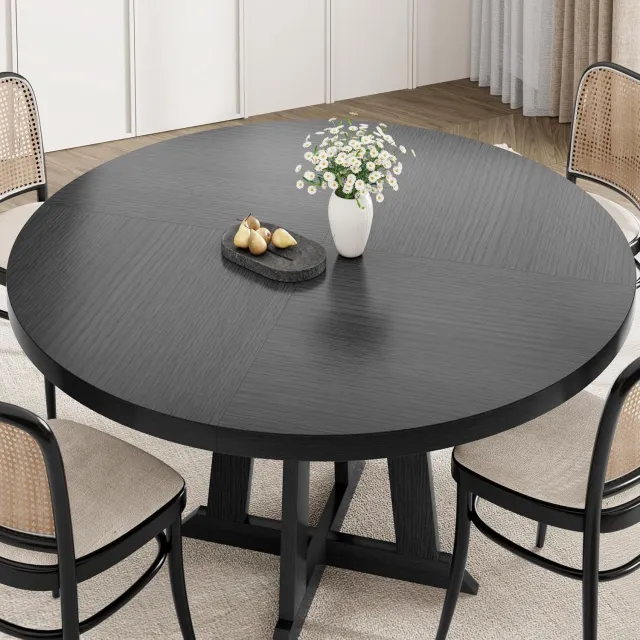 HOERFURIY Ronde houten eettafel voor gezinsmaaltijden, zwart, massief blad met vierpijler onderstel, stabiel en eenvoudig te monteren