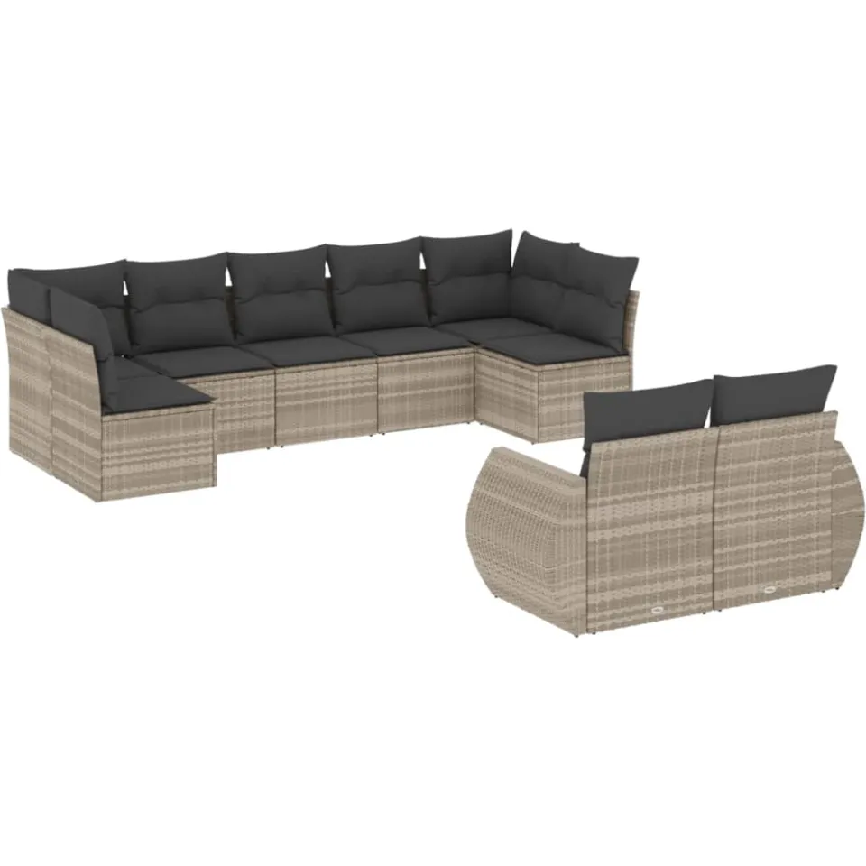 vidaXL 9-delige Loungeset met kussens poly rattan lichtgrijs grijs, foto 3