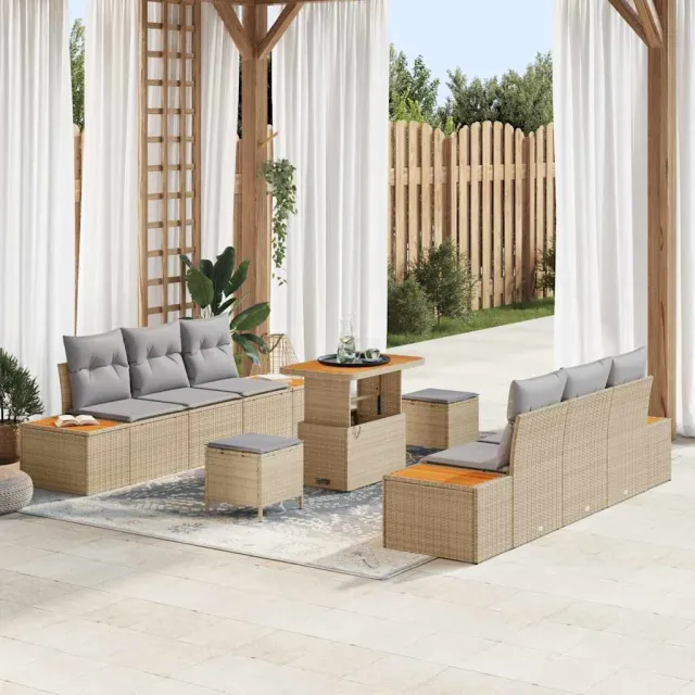 vidaXL Tuinbankenset 9 st 8-zits Beige Poly riet