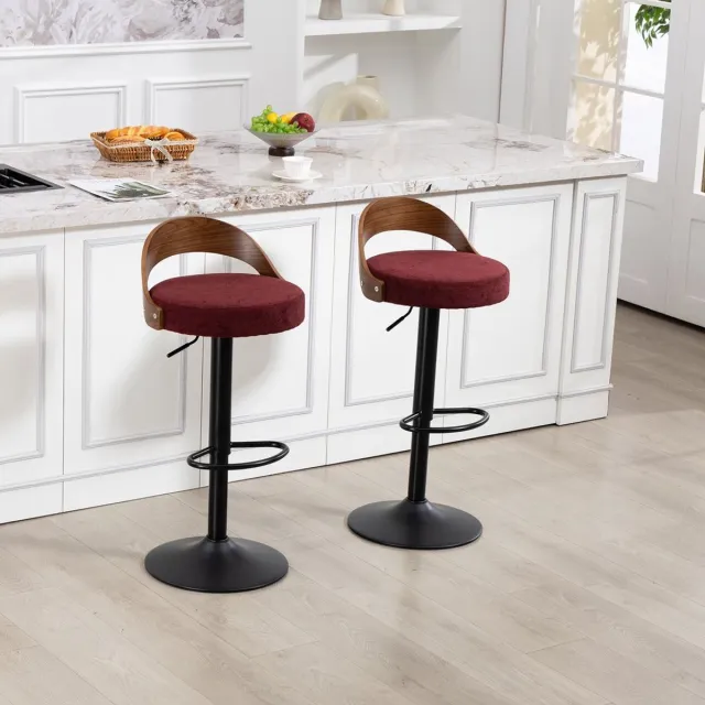 Pugsdrly set van 2 360° draaibare barkrukken met rugleuning van zwart walnotenhout en zitkussen van PU, in hoogte verstelbaar. Geschikt voor keukens, restaurants, bars en soortgelijke ruimtes (Wine Red Linen) WIJNROOD