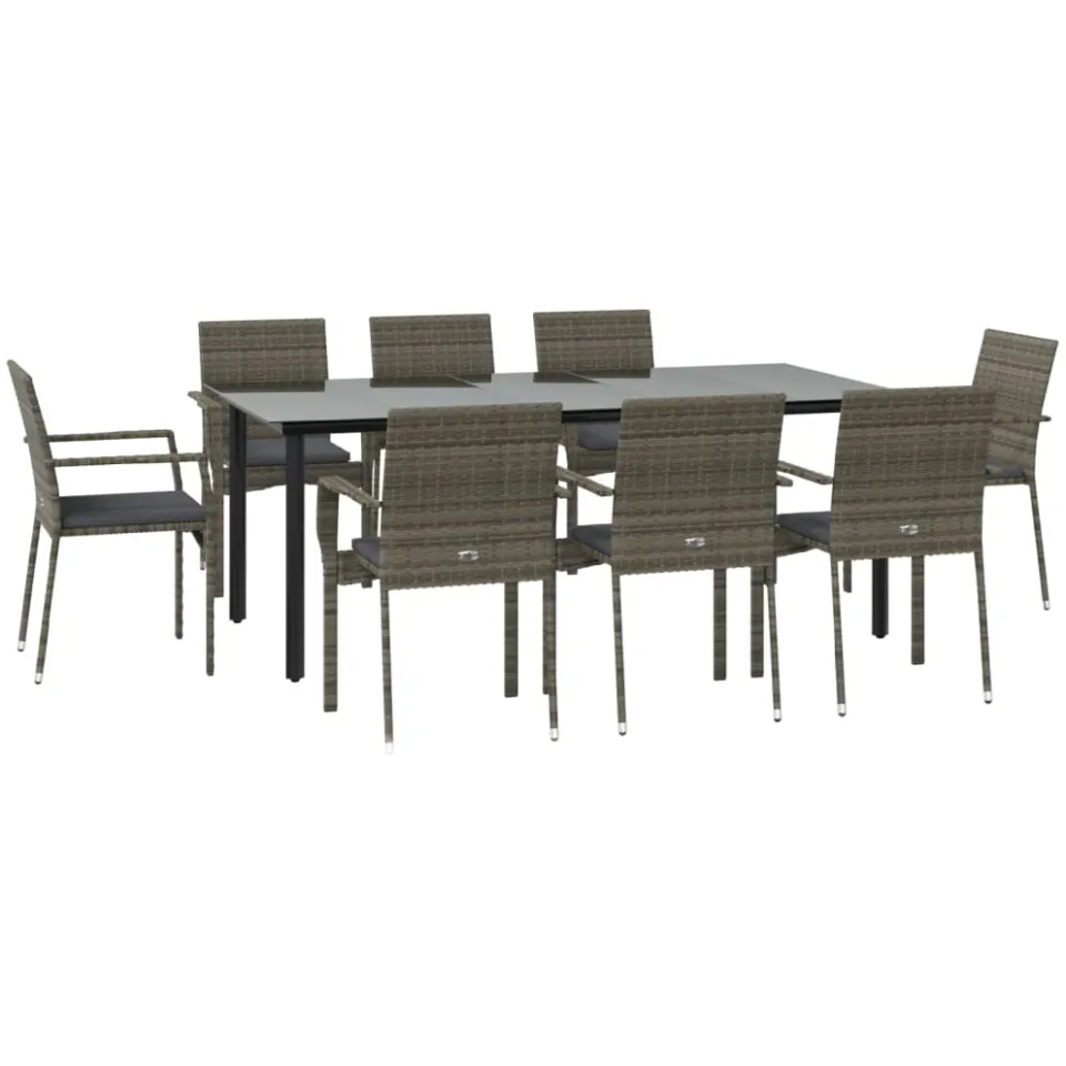 vidaXL 9-delige Tuinset met kussens poly rattan zwart en grijs