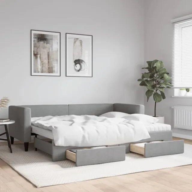 vidaXL Slaapbank met onderschuifbed en lades 80x200 cm stof lichtgrijs grijs
