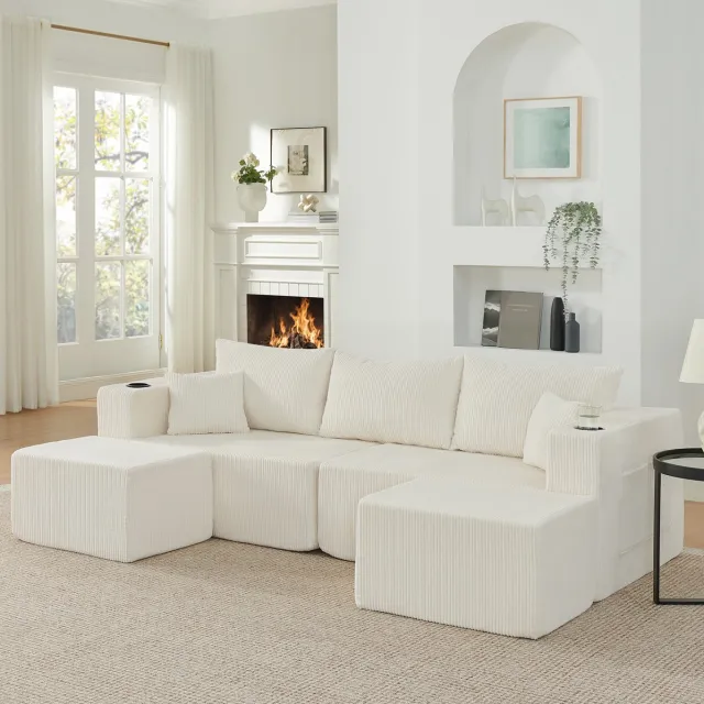 STILVORA 3-Zits Modulaire Hoekbank Van 230 Cm - Met Verplaatsbare Ottomanen, Bekerhouders, Zijvakken En Kussens - Voor Woonkamer En Hotel - Cordstof - Beige