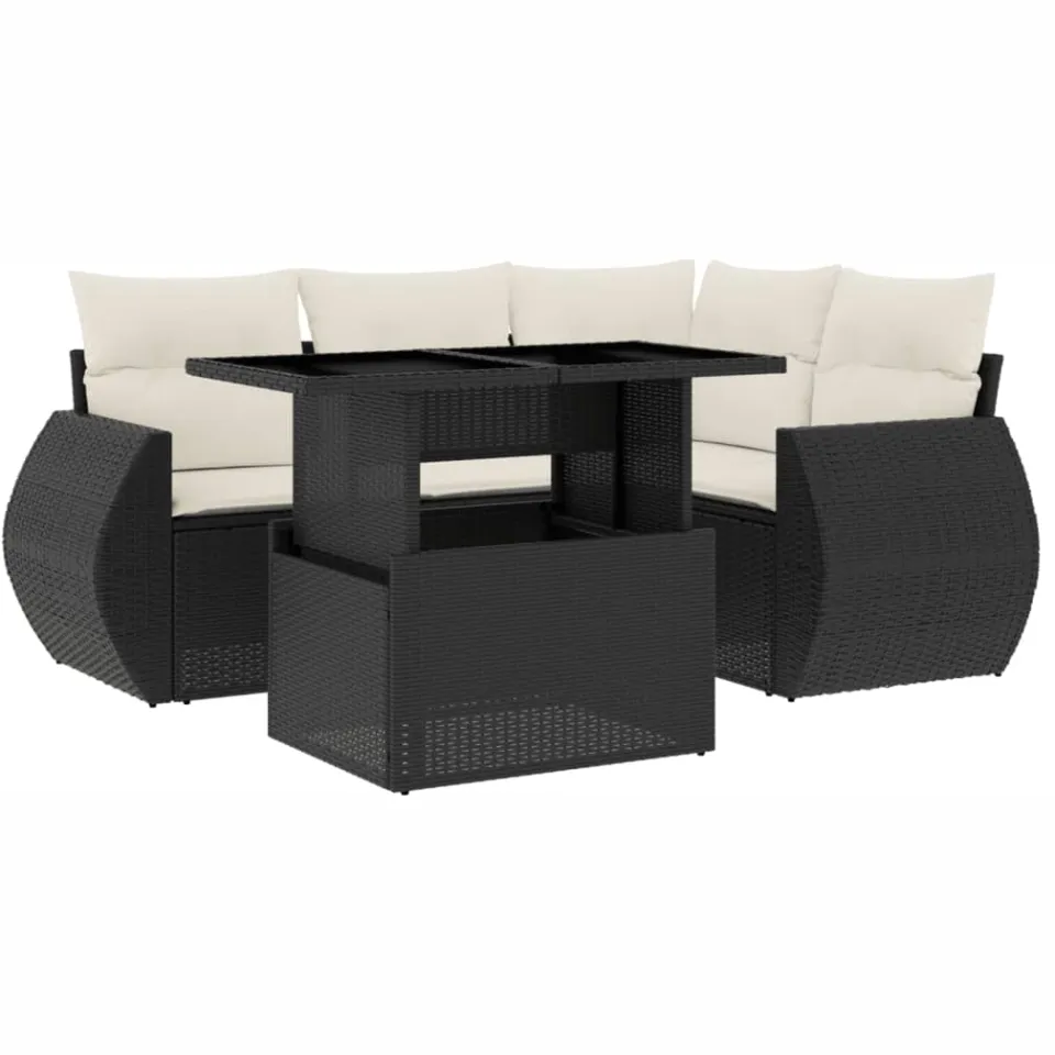 vidaXL 5-delige Loungeset met kussens poly rattan zwart, foto 3