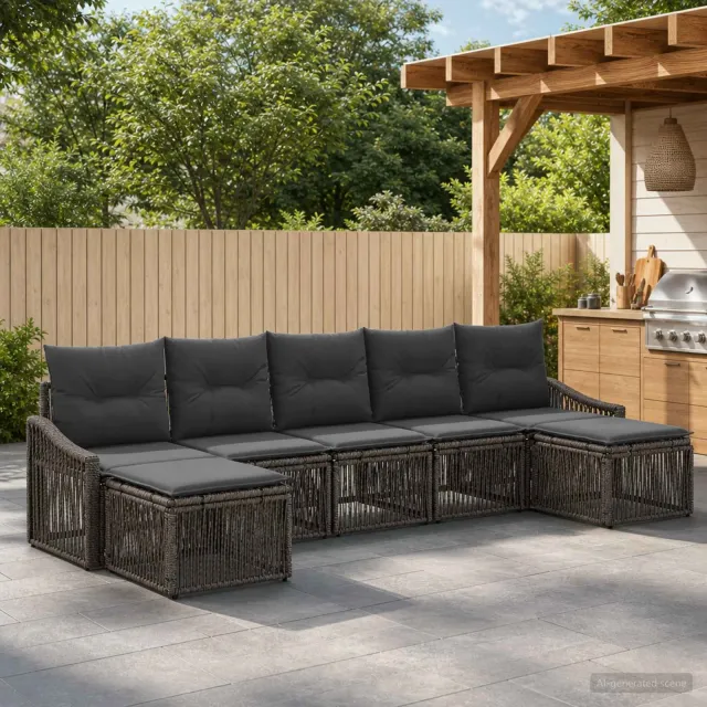 vidaXL Tuinbankenset 7 st 7-zits Grijs poly rattan, foto 2