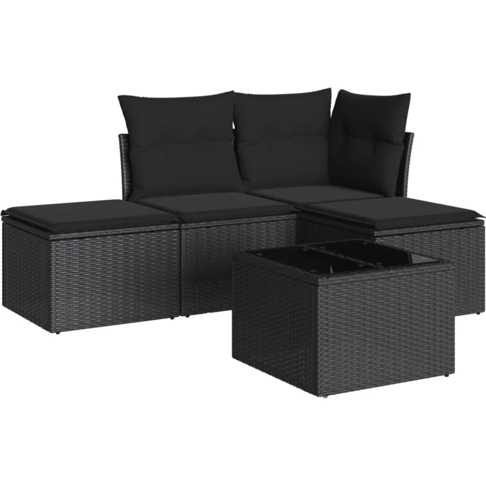 vidaXL 5-delige Loungeset met kussens poly rattan zwart, foto 3
