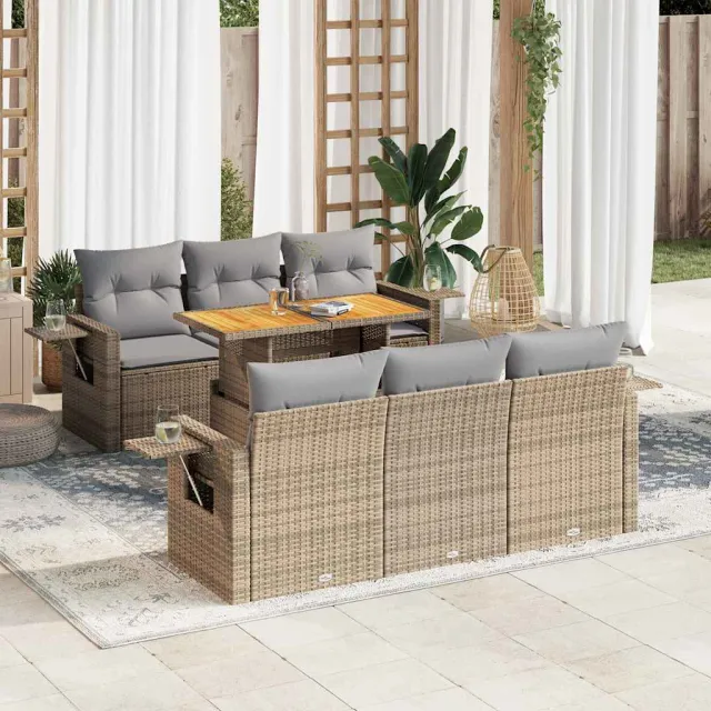 vidaXL 7-delige Loungeset met kussens poly rattan beige, foto 2