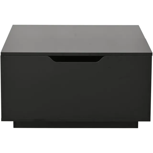 MODFU Zwarte hoogglans salontafel 70x70x38 cm met LED, hefmechanisme, lade en verborgen opbergruimte met klepdeur