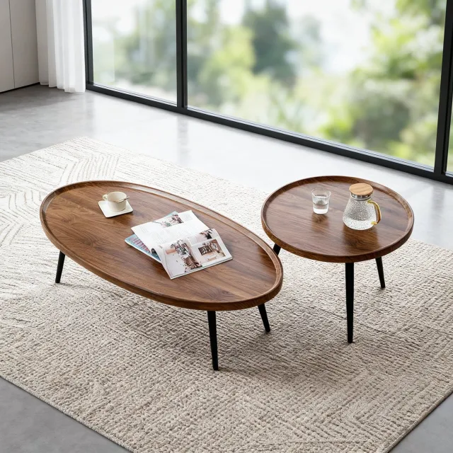 Triumpunpre Salontafel Set 2 Stuks Neste Mid Century Modern - Notenhout - Massieve Poten - Water & Krasbestendig - voor Woonkamer Slaapkamer of Balkon - Bruin Zwart