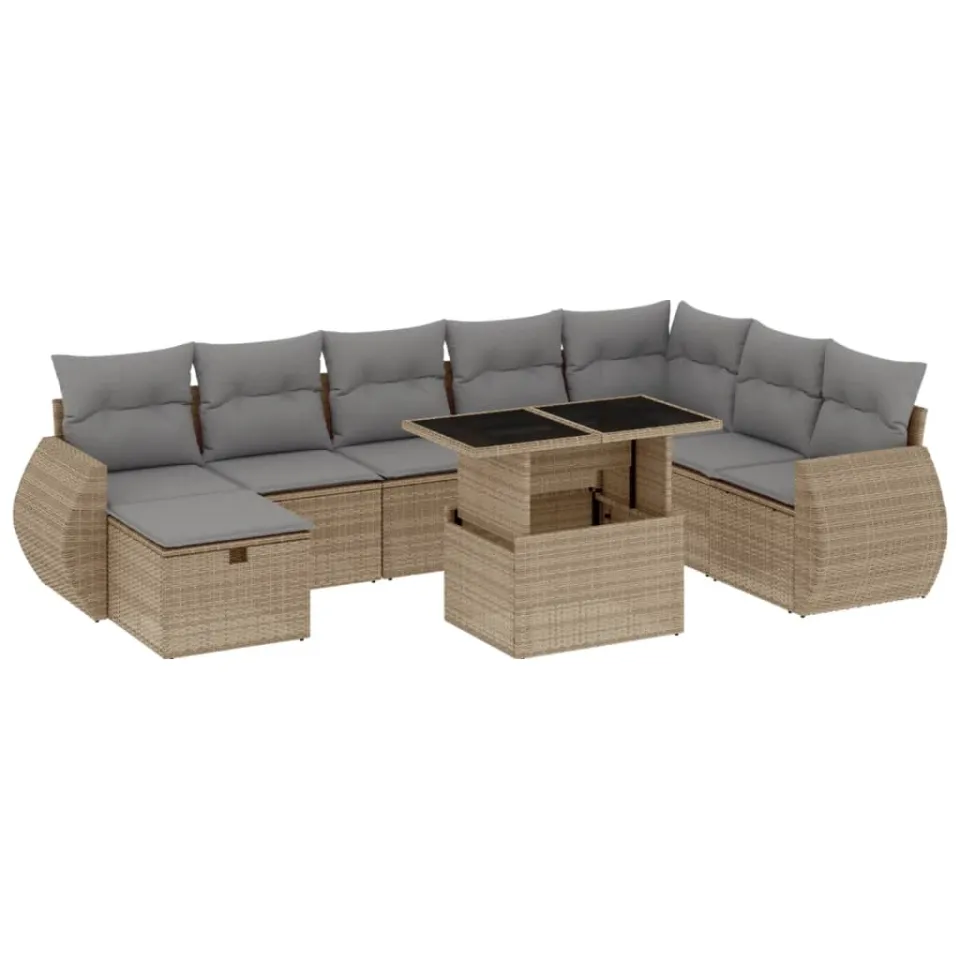vidaXL 9-delige Loungeset met kussens poly rattan beige