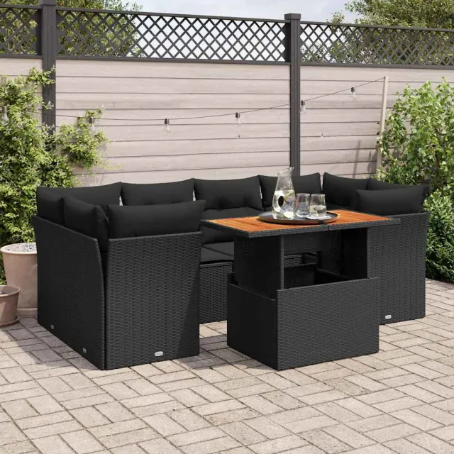 vidaXL 7-delige Loungeset met kussens poly rattan zwart, foto 2