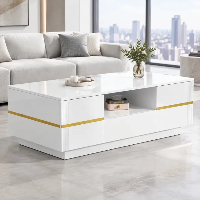 HAUSS SPOLE Salontafel - Hoogglans Met 2 Deuren, 1 Lade En Open Vak - Voor Woonkamer - Wit MDF Met Gouden Accenten - 100x50x35,5 Cm