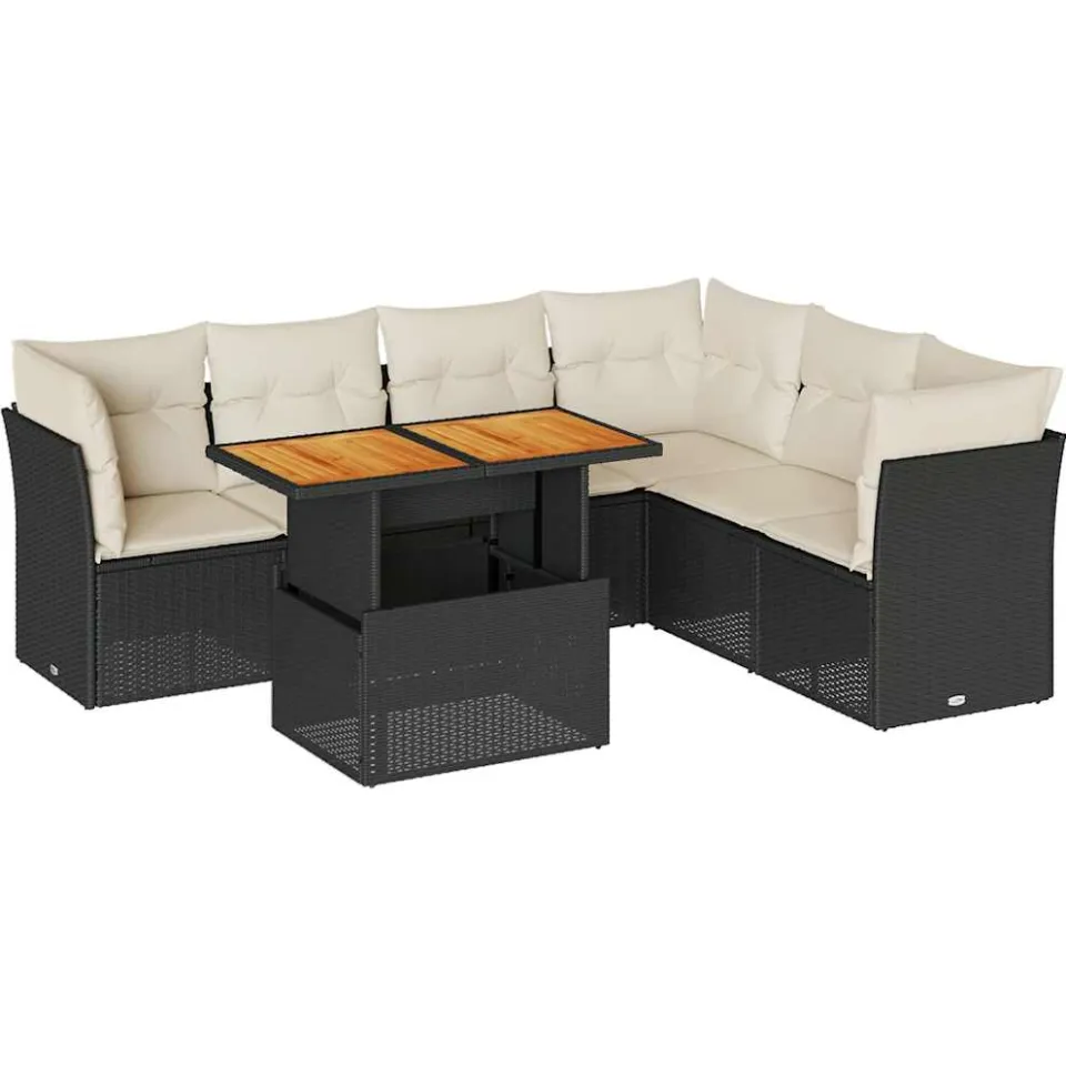 vidaXL 7-delige Loungeset met kussens poly rattan zwart, foto 3