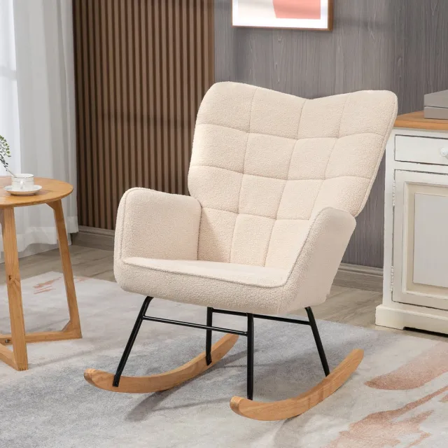 COVREO Schommelstoel 98 x 71 x 101 cm - beige stof, houten basis, met armleuningen