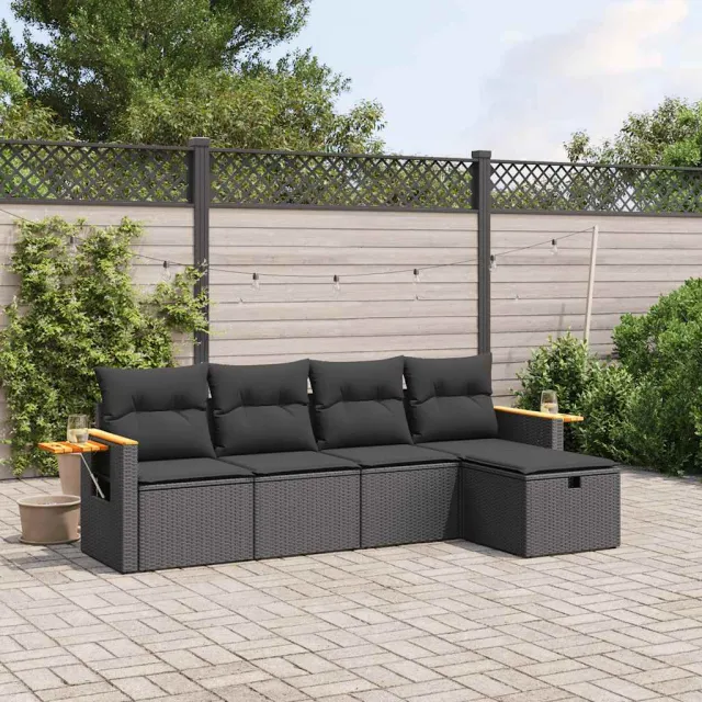 vidaXL 5-delige Loungeset met kussens poly rattan zwart, foto 2