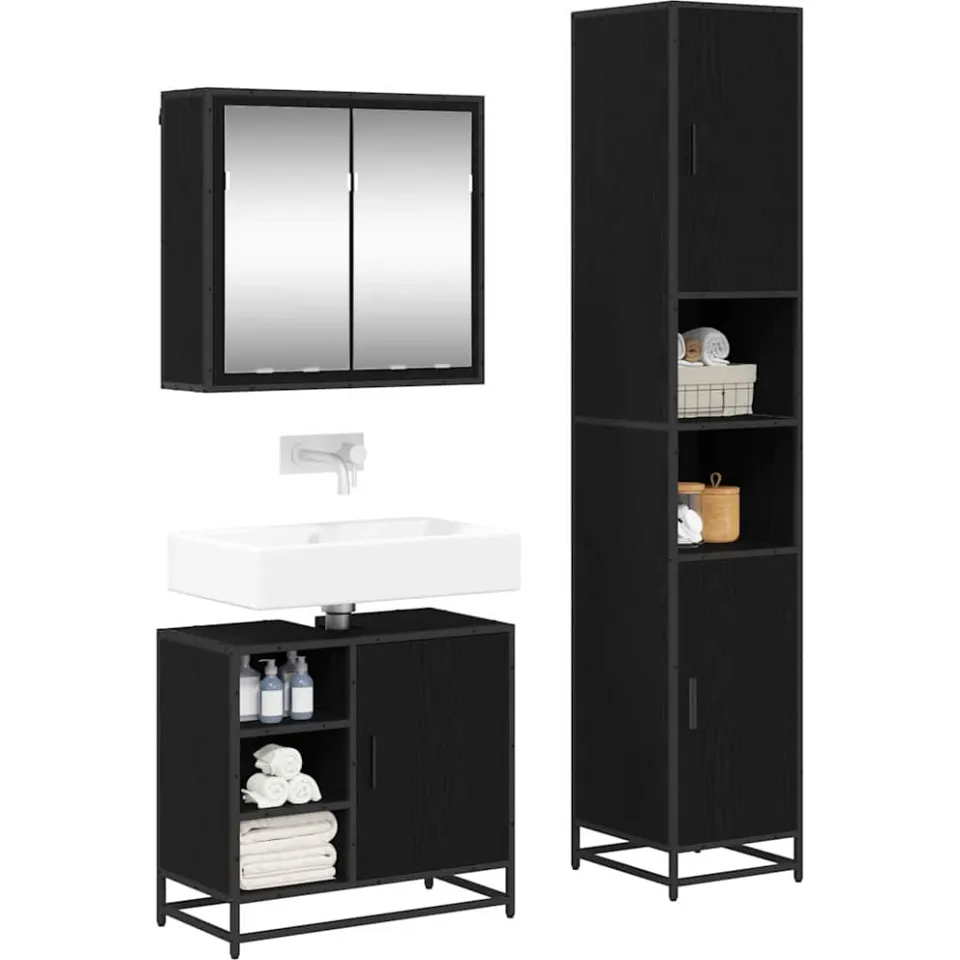 vidaXL Badkamermeubelset 3 st Zwart Eiken 65 x 33 x 60 cm Bewerkt hout