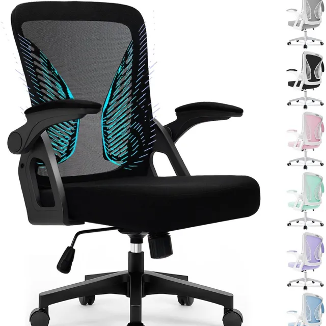 Durrafy Ergonomische Bureaustoel – Met Lendensteun en Ademend Mesh – Bureaustoelen voor Volwassenen – 90° Opklapbare Armleuningen – Stille Wielen – Tot 130 kg – Voor Thuiswerken en Kantoor – Zwart