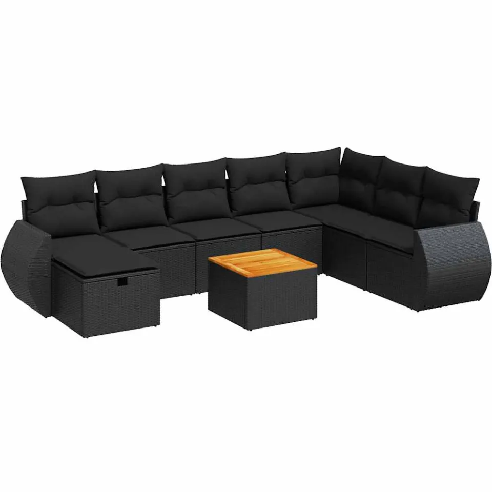 vidaXL 9-delige Loungeset met kussens poly rattan zwart, foto 3