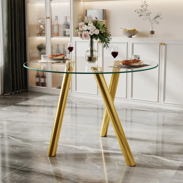 DESMIU Eettafel - Ronde Tafel Van Gehard Glas Met Gouden Metalen Poten - Moderne Eetkamer En Woonkamer - Glas - 89 Cm - Goud