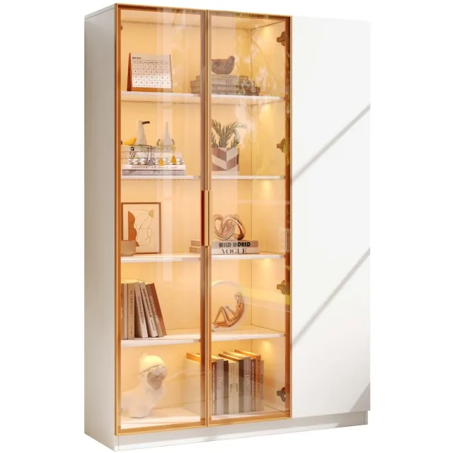 City long dragon LONG DRAGON Glasvitrine, hoogte 165 cm – driedeursvitrine met LED-verlichting, licht in meerdere kleuren verstelbaar, vrijstaande vitrine met veiligheidsglas, verstelbare legplanken en kantelbeveiliging, witte vitrine, wijnkast