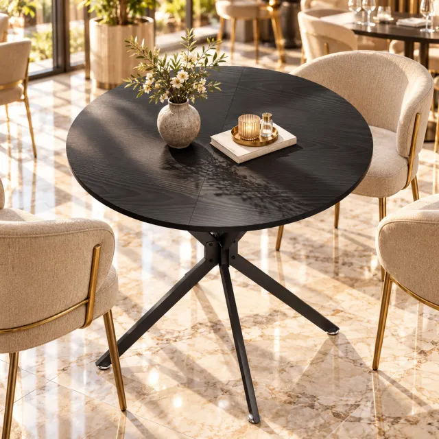 Mulder Living Ronde Eettafel - Keukentafel - Ø90 cm - Houtlook Tafelblad - X-vormige tafelpoten - Met metalen poten - Stevig en duurzaam - Keukentafel voor 1 tot 4 Personen - Ruimtebesparende - Zwart
