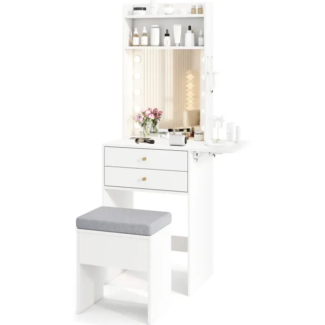 Costway Make-uptafel met verlichting, kaptafel met laadstation, spiegel, laden, planken en inklapbaar tafelblad, kruk met opbergruimte, make-uptafel voor kleine ruimtes, wit