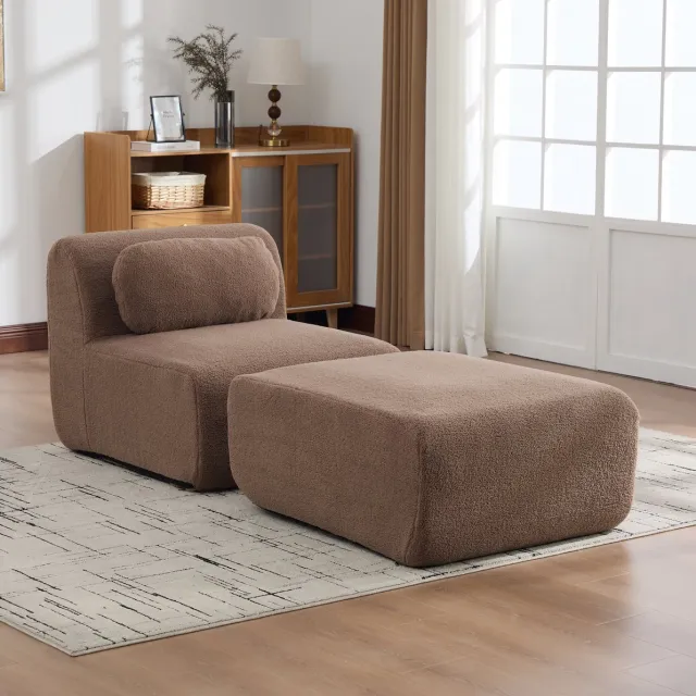 MEUNIQ Fauteuil in Camel met los voetbankje, chenille bekleding, 1-zits boneless loungezetel, zonder montage, voor woonkamer en ontspanning
