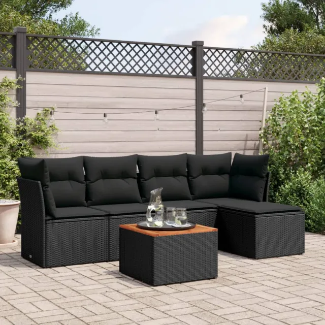 vidaXL 6-delige Loungeset met kussens poly rattan zwart, foto 2
