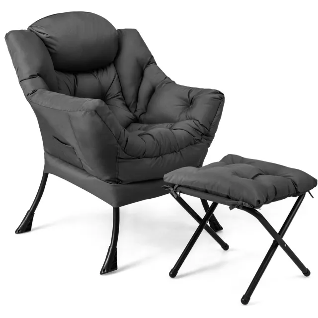 Costway Fauteuil met kruk, relaxstoel met armleuningen, zijzak en voetensteun, loungestoel, televisiestoel, oorfauteuil voor woonkamer, slaapkamer, kantoor (grijs)
