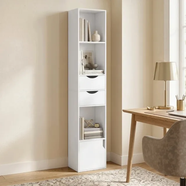 MIVRAY Boekenkast – 2 Lades – 30 x 24 x 158 cm – MDF – Wit – Verstelbare Plank Voor Kantoor En Slaapkamer – Anti-Kantelbeveiliging