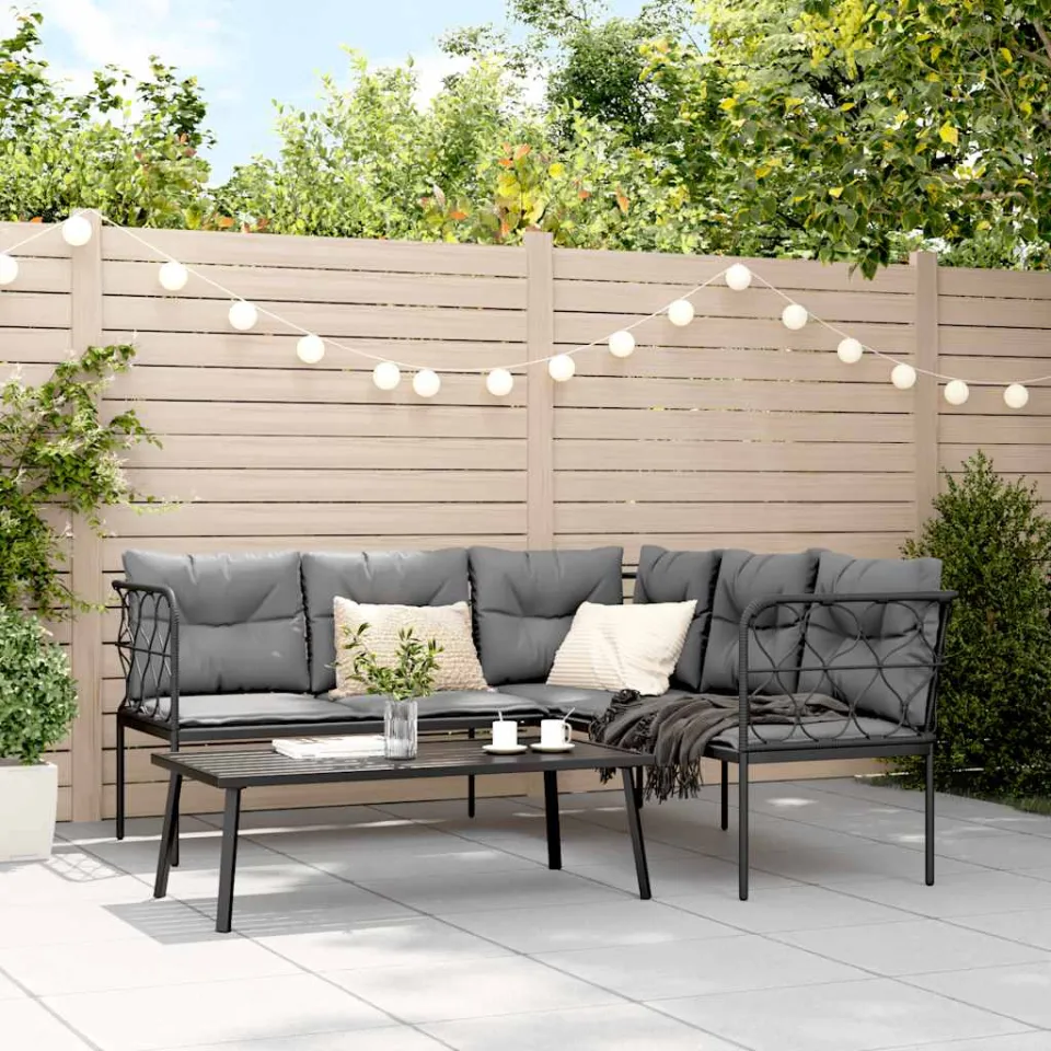 vidaXL Loungeset met kussens staal en textileen zwart, foto 3