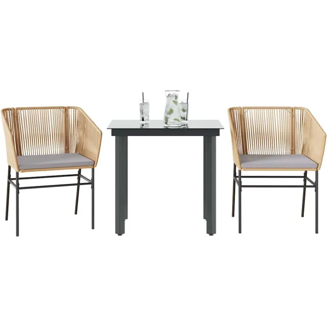 vidaXL 3-delige Tuinset met kussens poly rattan glas bruin