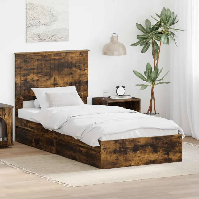vidaXL Opslag bed met lade Gerookt eiken 90 x 200 cm Bewerkt hout Bruin
