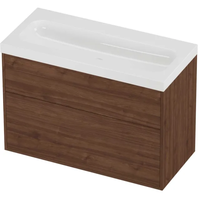 Proline Haga Badmeubelset Polystone Mezza 2 Laden 100x46x73 cm Glans Wit Indian Walnut Houtlook