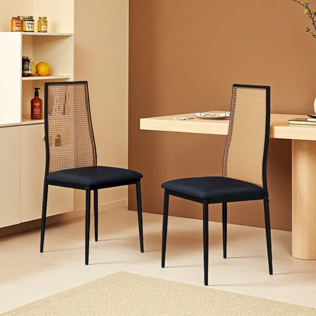 ROSAHQNDA Eetkamerstoelenset (2 stuks), rotan gestoffeerde stoelen, fauteuils, metalen frame, vintage stijl, geschikt voor eetkamer en woonkamer, zwart