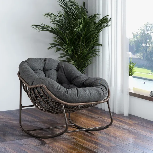 CHICFURN Schommelstoel - Met dik kussen - Rotan - Donkergrijs