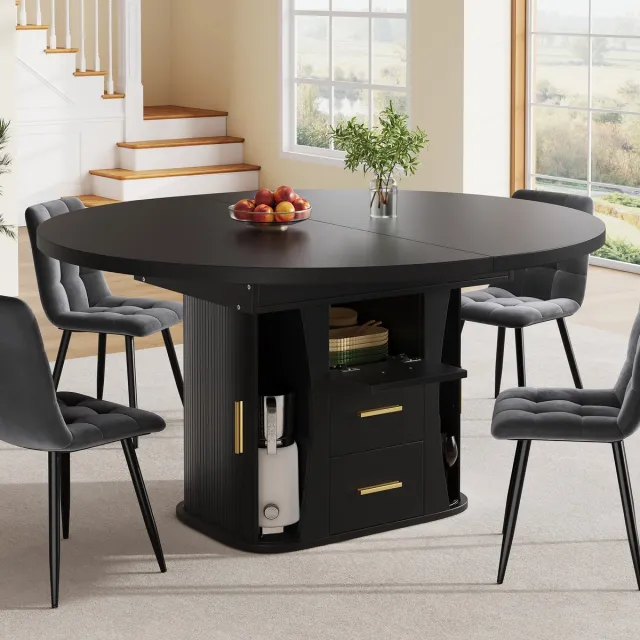FloraGrace Eettafel - Uitschuifbaar Rond Tot Ovaal - Voor Eetkamer En Keuken Tot 6 Personen - MDF - 118-158x118x77 Cm - Zwart