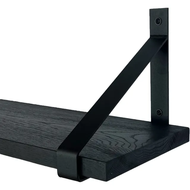 GoudmetHout Wandplank Industrieel - 140 x 25 cm Muurplank - Zwart Eiken Hout - Decoratie Wandrek & Boekenrek - Hangplank Keuken - Wall Shelf + 2 Mat Zwarte Plankdragers van Staal Zwart - Mat zwart - 25 cm
