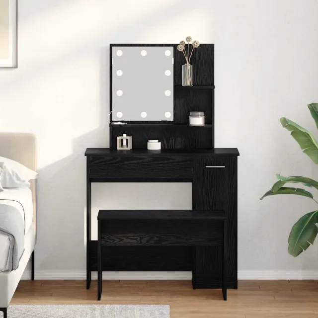 vidaXL LED Make-up Tafel Set 2 st Zwart Eiken 86,5 x 35 x 136 cm