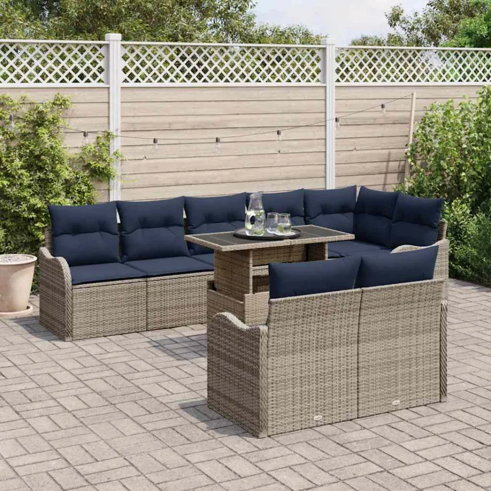 vidaXL Tuin Sofa Set 9 st Grijs Poly riet, foto 3