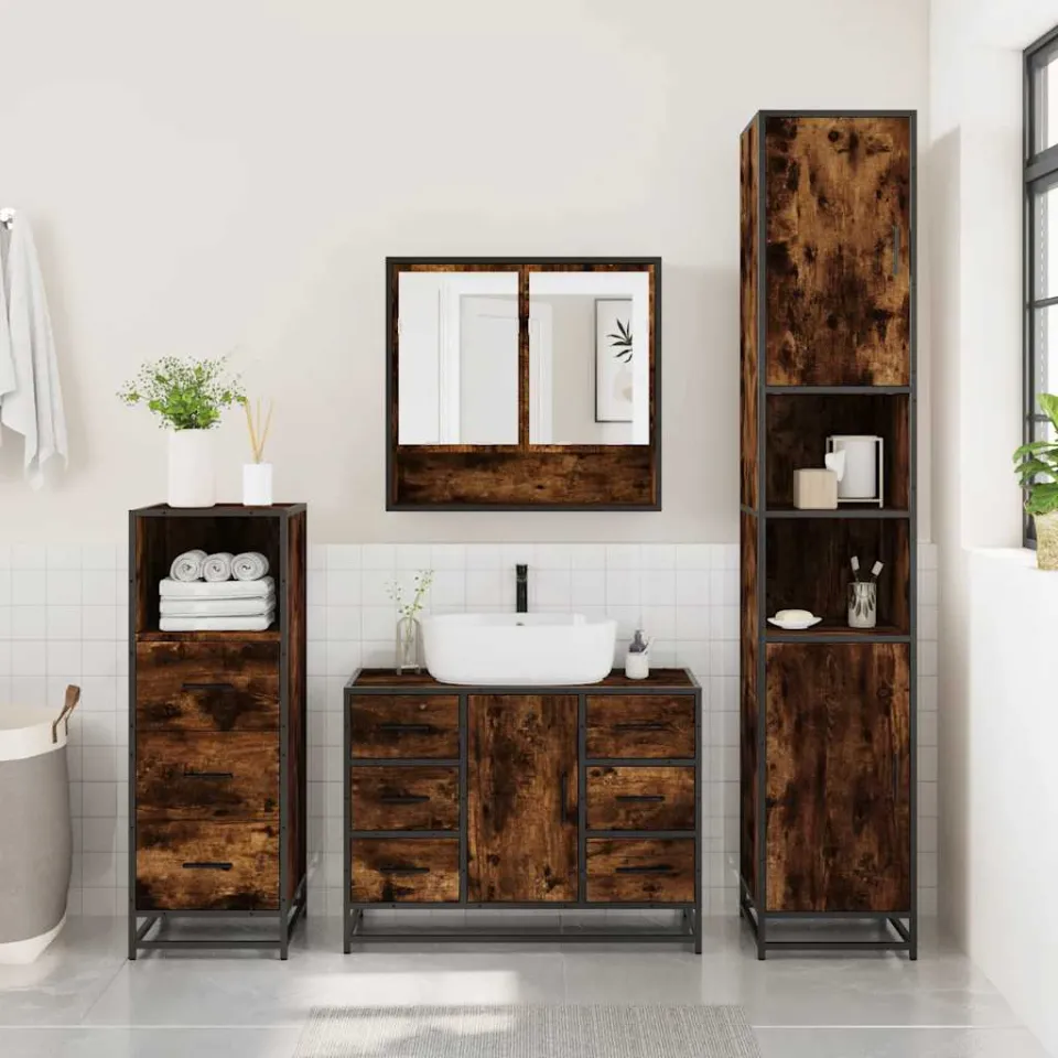 vidaXL 3-delige Badkamermeubelset bewerkt hout gerookt eikenkleurig, foto 3