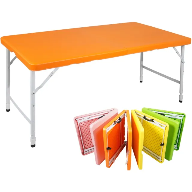 MEUNIQ Inklapbare picknicktafel 125 x 61 cm met draaggreep, verstelbare hoogte 58-74 cm, kunststof blad en stalen poten voor tuin, camping en picknick, oranje