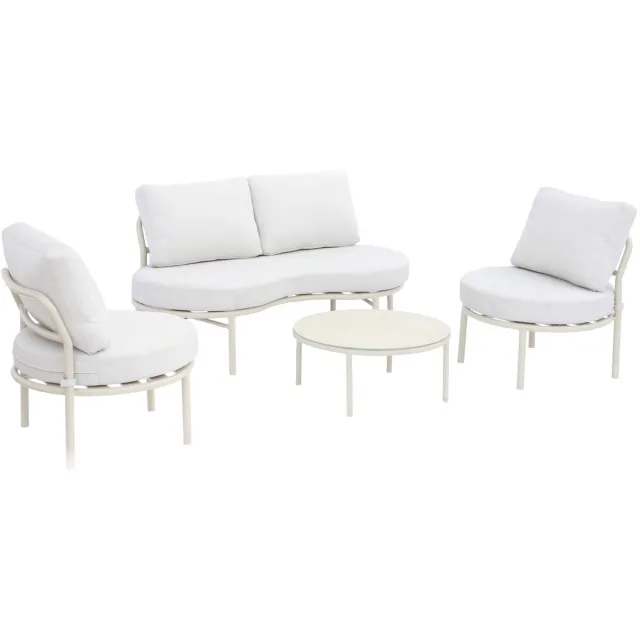 sweeek Tuinset voor 4 met bank tafeltje en twee fauteuils aluminium ronde vormen - solena Beige