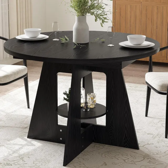 Triumpunpre Ronde eettafel met opbergplank – Moderne houten keukentafel – draagvermogen 500 lbs – krasbestendig oppervlak – kruisvoet – 110×110×76 cm – Zwart
