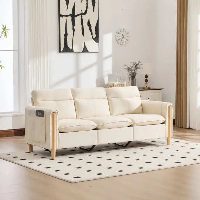 Wishdor Hoekbank 3-zits met opberghocker - Omkeerbaar liggedeelte - Zijvakken in armleuningen - Scandinavisch design - Woonkamer kleine ruimtes - Chenille - Beige - 201 x 77 x 86 cm