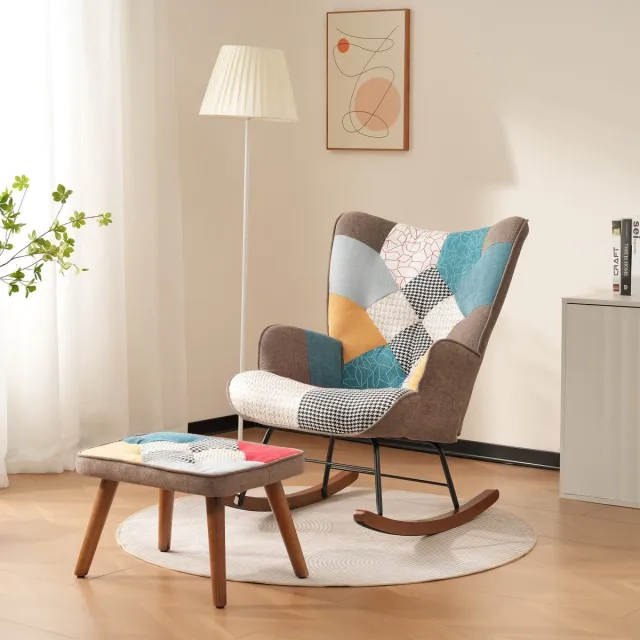 Sweiko Schommelstoel - Fauteuil - met Hocker - Massief houten poten - Kleurrijk