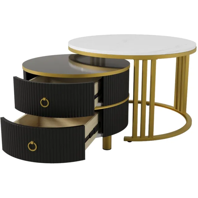 Ropilly Ronde salontafel set van 2 - Met 2 lades en marmerlook - MDF en metaal - Woonkamer - Goud en zwart