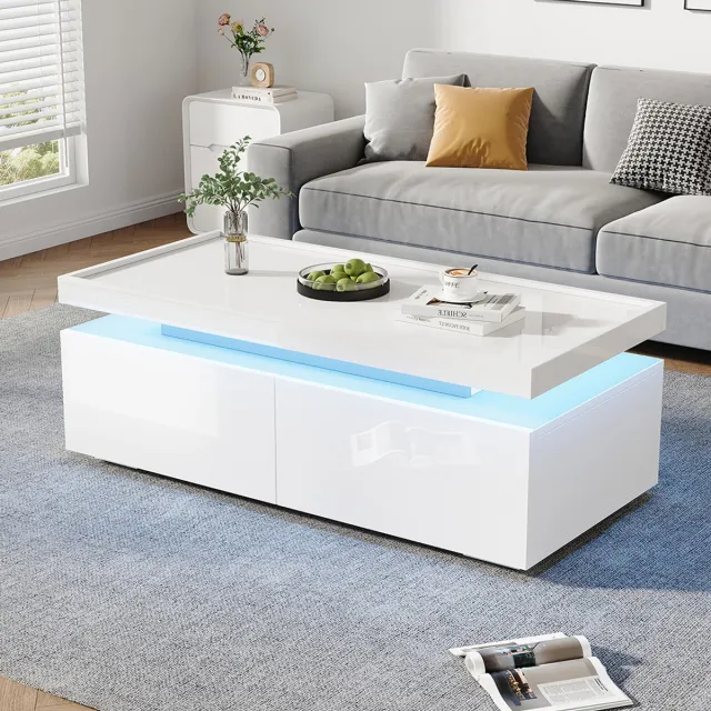 Pugsdrly Salontafel 95*45*35 cm, salontafel met LED, salontafel met 2 lades, glanzende salontafel, moderne minimalistische tafel, bijzettafel met geometrisch ontwerp, wit