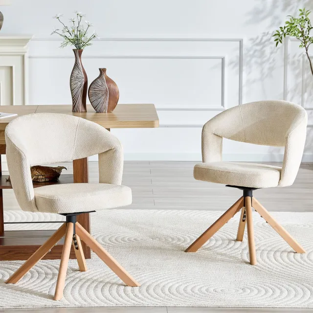 COVREO Eetkamerstoel set van 2 81,5 cm - draaibaar 360°, structuurstof, wit/hout Crèmewit